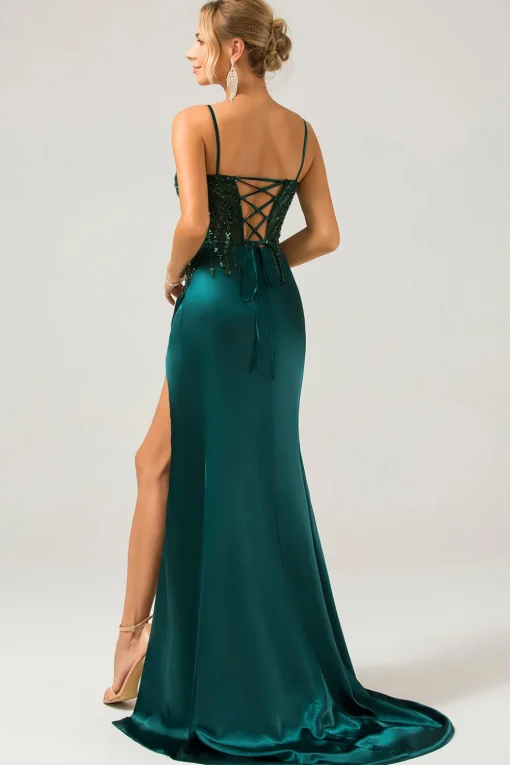 Sparkly Dark Green Mermaid Sequin Pleated Corset Long Prom Dress with Slit