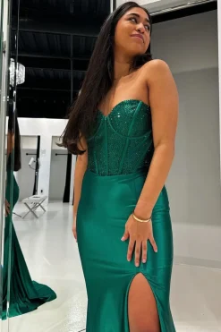 Sparkly Dark Green Strapless Mermaid Prom Dress with Slit