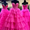 Sparkly Fuchsia Corset Tiered Strapless Long Prom Dress