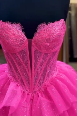 Sparkly Fuchsia Corset Tiered Strapless Long Prom Dress