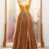 Sparkly Golden A-line V-neck Long Pleated Prom Dress with Slit