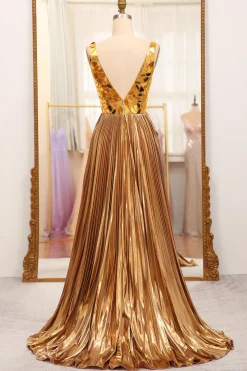 Sparkly Golden A-line V-neck Long Pleated Prom Dress with Slit
