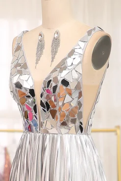 Sparkly Golden A-line V-neck Long Pleated Prom Dress with Slit