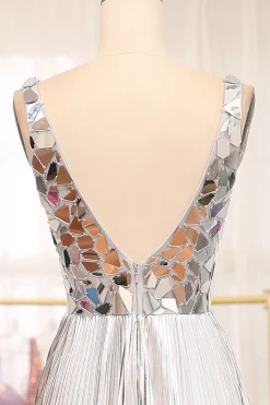 Sparkly Golden A-line V-neck Long Pleated Prom Dress with Slit