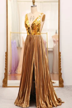 Sparkly Golden A-line V-neck Long Pleated Prom Dress with Slit