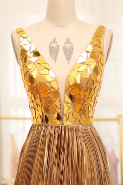 Sparkly Golden A-line V-neck Long Pleated Prom Dress with Slit