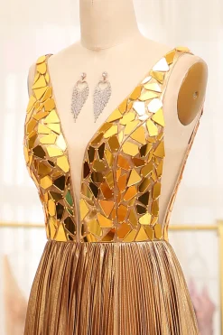 Sparkly Golden A-line V-neck Long Pleated Prom Dress with Slit