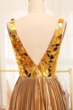 Sparkly Golden A-line V-neck Long Pleated Prom Dress with Slit
