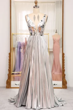 Sparkly Golden A-line V-neck Long Pleated Prom Dress with Slit