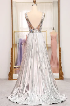 Sparkly Golden A-line V-neck Long Pleated Prom Dress with Slit