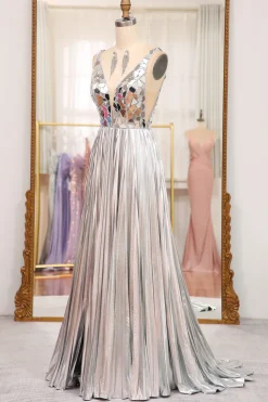 Sparkly Golden A-line V-neck Long Pleated Prom Dress with Slit