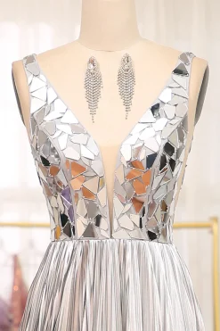 Sparkly Golden A-line V-neck Long Pleated Prom Dress with Slit