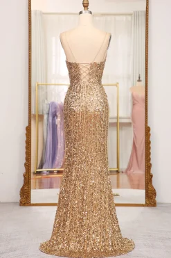Sparkly Golden Mermaid Long Prom Dress with Slit