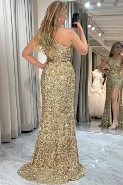 Sparkly Golden Mermaid One Shoulder Long Prom Dress With Slit