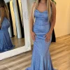 Sparkly Grey Blue Spaghetti Straps Sequins Mermaid Long Prom Dress
