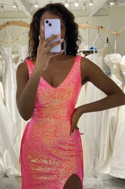 Sparkly Hot Pink Mermaid V-neck Long Sequin Prom Dress with Slit
