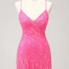 Sparkly Hot Pink Tight Sequins V Neck Homecoming Dress with Fringes