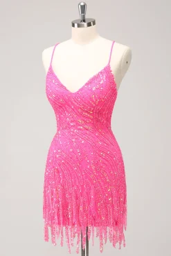 Sparkly Hot Pink Tight Sequins V Neck Homecoming Dress with Fringes