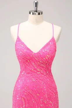 Sparkly Hot Pink Tight Sequins V Neck Homecoming Dress with Fringes