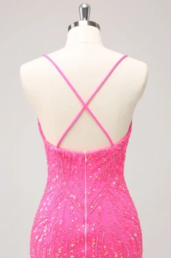 Sparkly Hot Pink Tight Sequins V Neck Homecoming Dress with Fringes