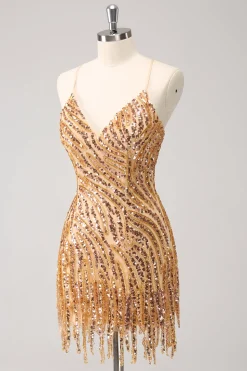 Sparkly Hot Pink Tight Sequins V Neck Homecoming Dress with Fringes