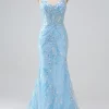 Sparkly Light Blue Mermaid Spaghetti Straps Long Prom Dress With Beading