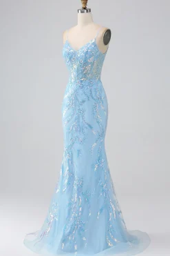 Sparkly Light Blue Mermaid Spaghetti Straps Long Prom Dress With Beading