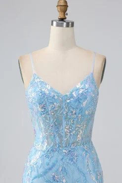 Sparkly Light Blue Mermaid Spaghetti Straps Long Prom Dress With Beading