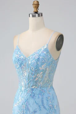 Sparkly Light Blue Mermaid Spaghetti Straps Long Prom Dress With Beading