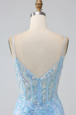 Sparkly Light Blue Mermaid Spaghetti Straps Long Prom Dress With Beading