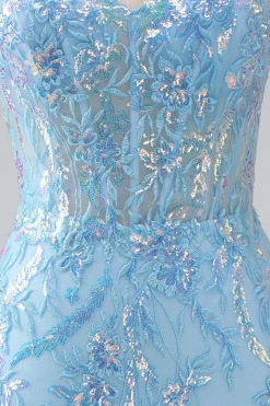Sparkly Light Blue Mermaid Spaghetti Straps Long Prom Dress With Beading
