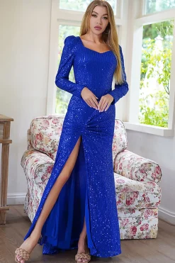 Sparkly Long Sleeves Sequins Royal Blue Evening Party Dress with Slit