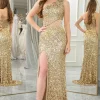 Sparkly Mermaid Golden One Shoulder Long Prom Dress With Slit