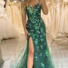 Sparkly Mermaid Spaghetti Straps Dark Green Beaded Prom Dress With Split