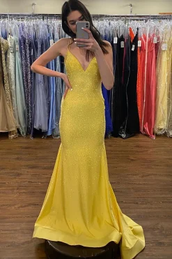 Sparkly Mermaid V Neck Long Prom Dress