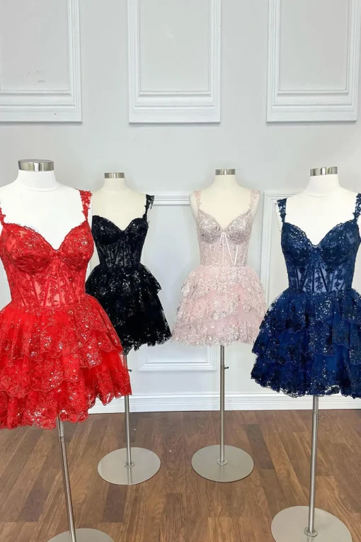Sparkly Navy Corset Tiered Lace A-Line Short Graduation Dress