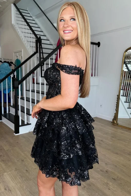 Sparkly Navy Corset Tiered Lace A-Line Short Graduation Dress