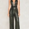 Sparkly Olive Deep V-Neck Sequins Mother of the Bride Jumpsuits with Belt