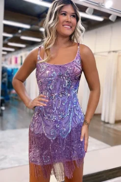 Sparkly Purple Sequins Spaghetti Straps Short Graduation Dress with Fringes