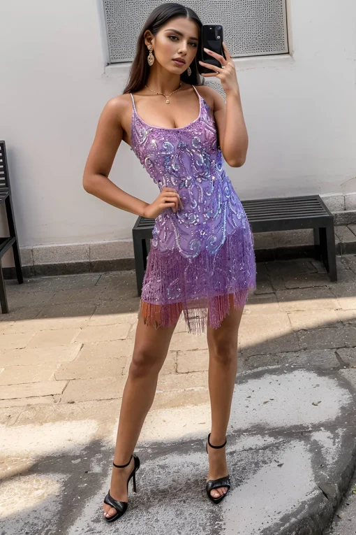 Sparkly Purple Sequins Spaghetti Straps Short Graduation Dress with Fringes