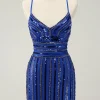Sparkly Royal Blue Tight Sequined Spaghetti Straps Graduation Dress