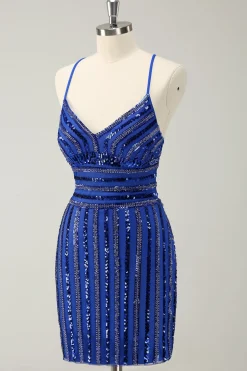Sparkly Royal Blue Tight Sequined Spaghetti Straps Graduation Dress