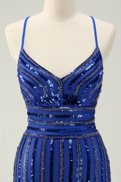 Sparkly Royal Blue Tight Sequined Spaghetti Straps Graduation Dress