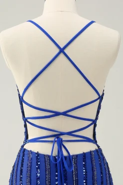 Sparkly Royal Blue Tight Sequined Spaghetti Straps Graduation Dress