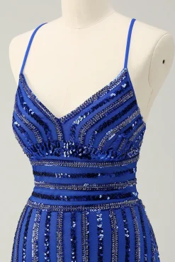 Sparkly Royal Blue Tight Sequined Spaghetti Straps Graduation Dress