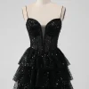 Sparkly Sequins Black A Line Tiered Corset Spaghetti Straps Short Tulle Graduation Dress