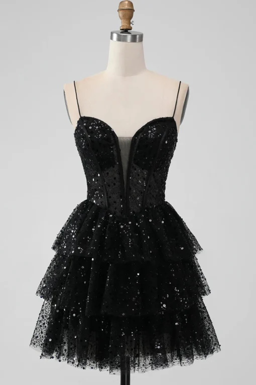 Sparkly Sequins Black A Line Tiered Corset Spaghetti Straps Short Tulle Graduation Dress
