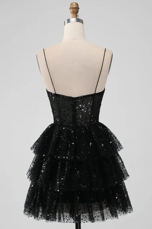 Sparkly Sequins Black A Line Tiered Corset Spaghetti Straps Short Tulle Graduation Dress