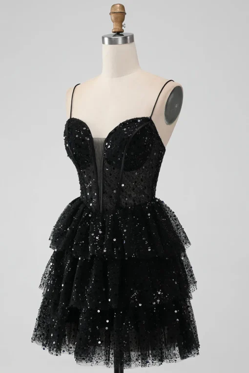 Sparkly Sequins Black A Line Tiered Corset Spaghetti Straps Short Tulle Graduation Dress