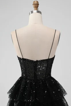 Sparkly Sequins Black A Line Tiered Corset Spaghetti Straps Short Tulle Graduation Dress